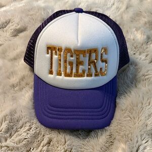 Purple and White Sequin 'TIGERS' Trucker Hat